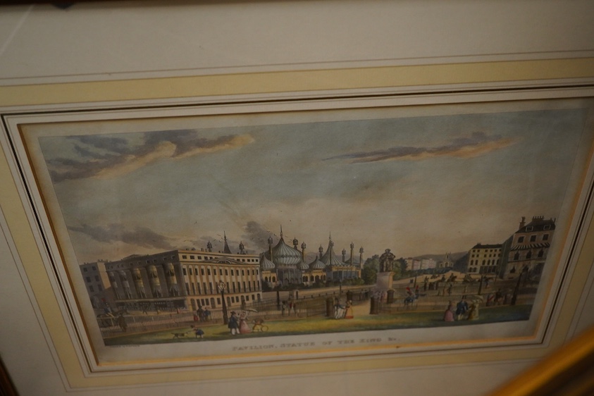 Four 19th century Brighton interest prints and engravings to include: after Joseph Mallord William Turner, ‘Brighton Chain Pier’ and after Gatwick, ‘Pavilion, Statue of the King’, largest 20 x 31cm